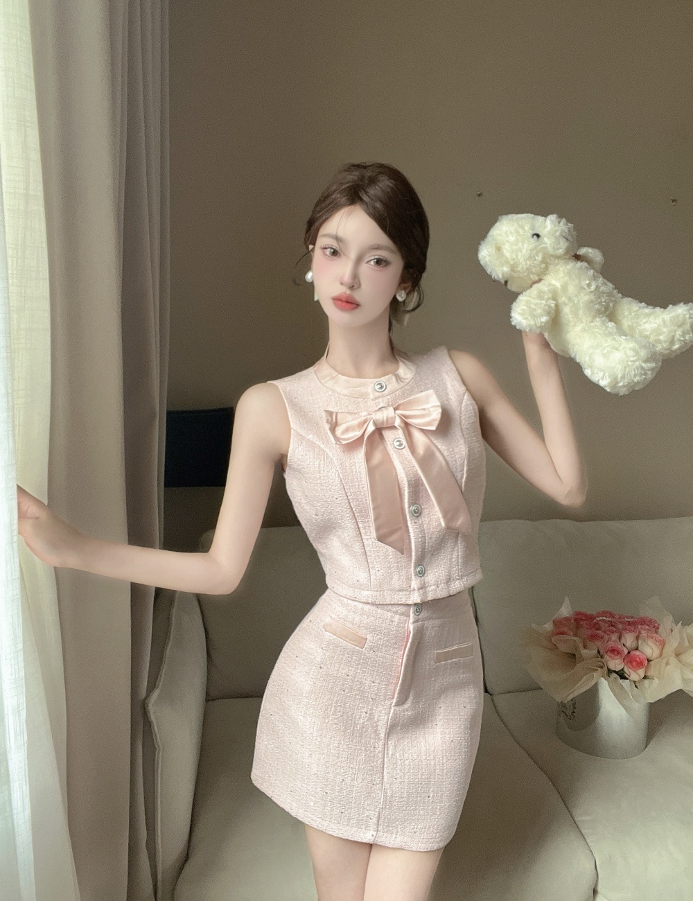 Bandage coarse flower bow chanelstyle skirt a set