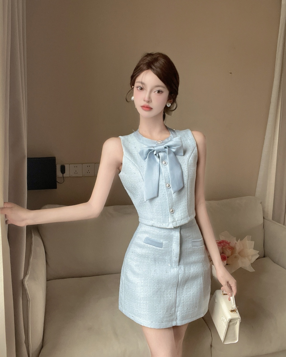 Bandage coarse flower bow chanelstyle skirt a set