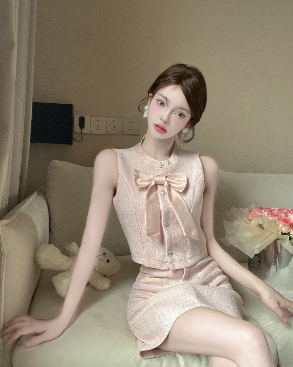 Bandage coarse flower bow chanelstyle skirt a set