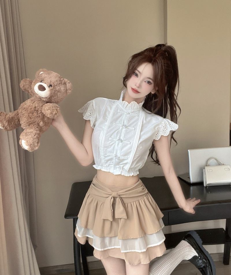 Cake bow shirt Chinese style boats sleeve T-back 2pcs set