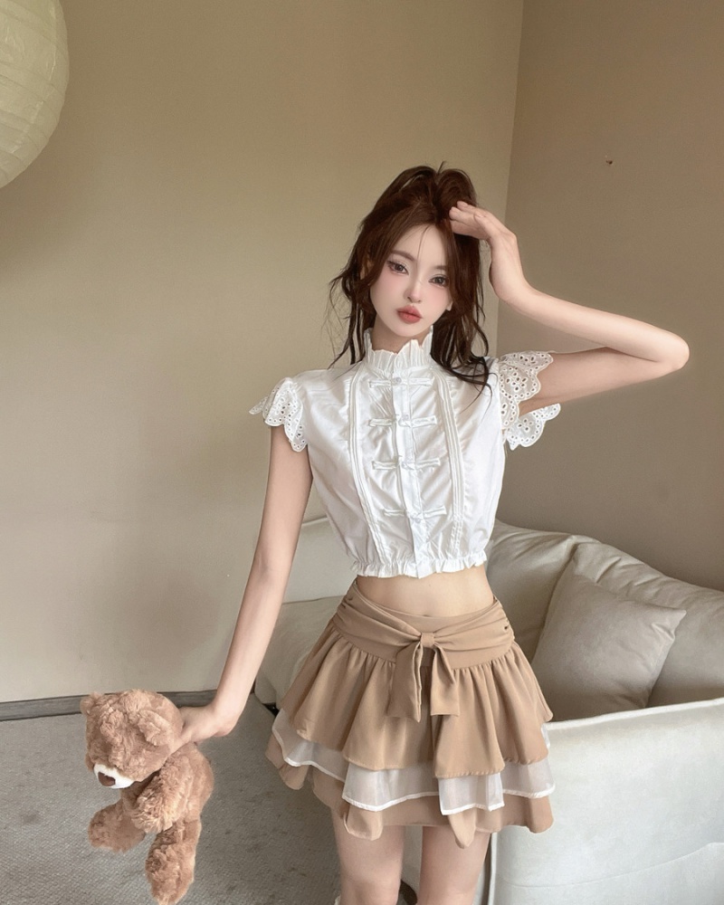 Cake bow shirt Chinese style boats sleeve T-back 2pcs set