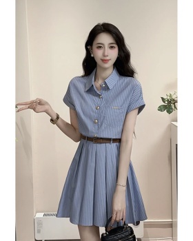 Art blue slim temperament college style stripe short dress