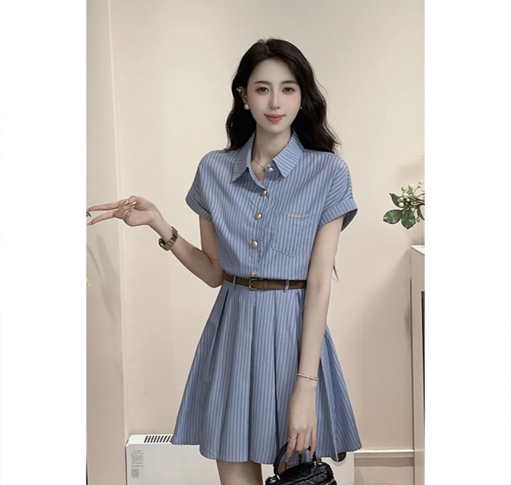 Art blue slim temperament college style stripe short dress