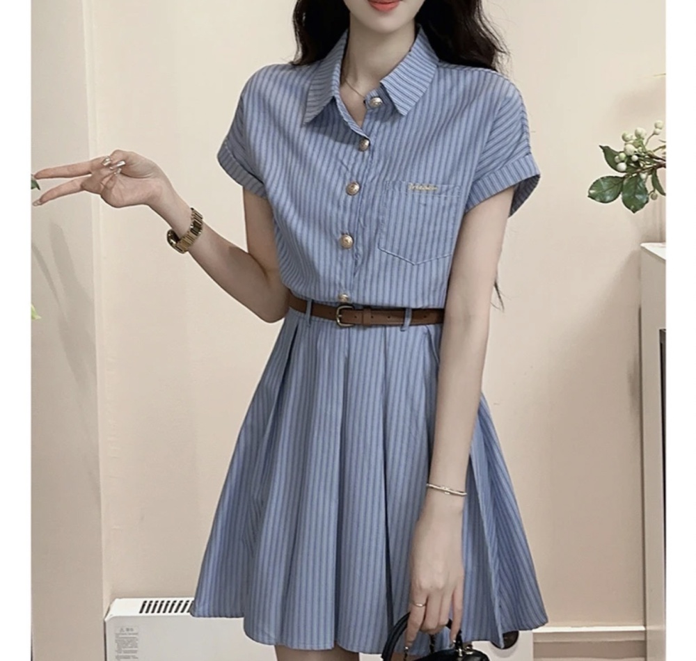 Art blue slim temperament college style stripe short dress