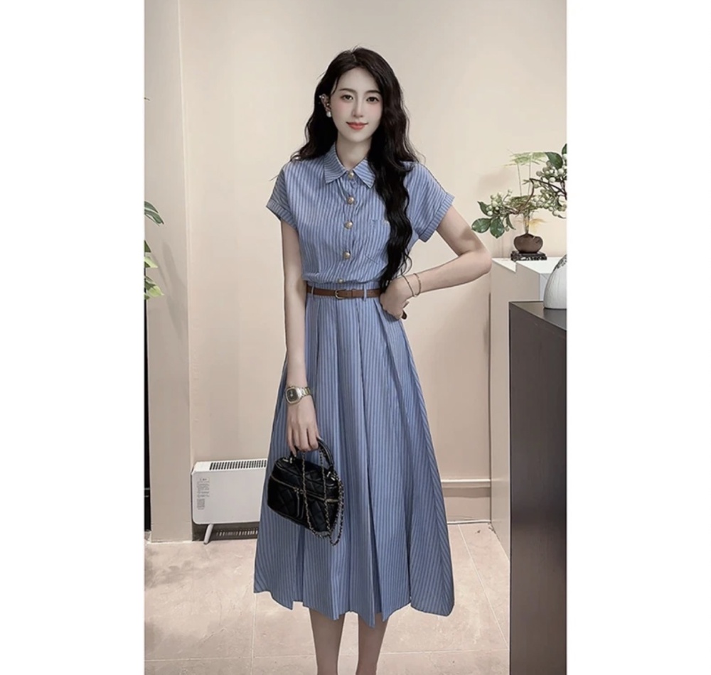 Slim college style blue art round face long dress