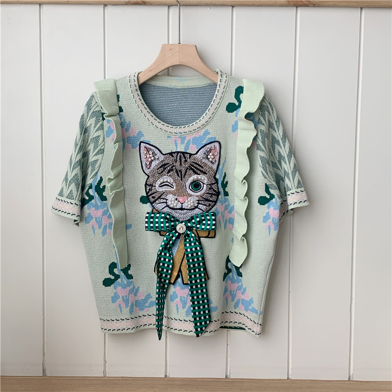 Summer bow kitty sweater wood ear beading tops