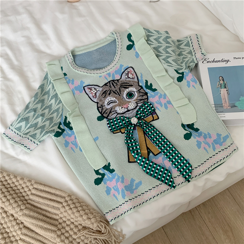 Summer bow kitty sweater wood ear beading tops