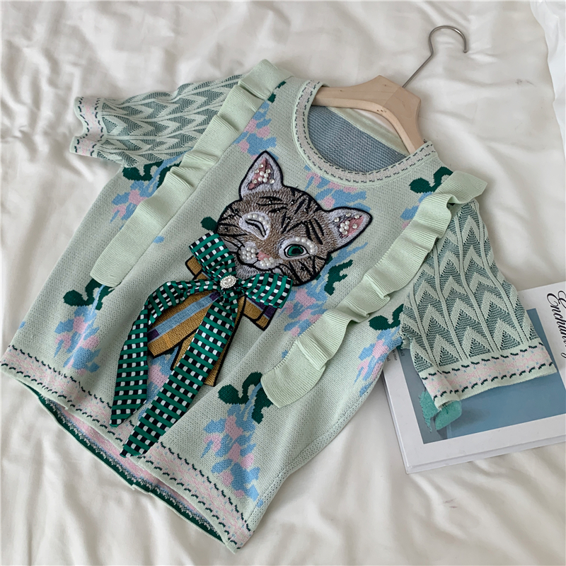 Summer bow kitty sweater wood ear beading tops