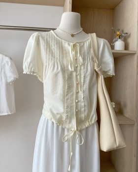 Drawstring summer lace puff sleeve pure commuting tops