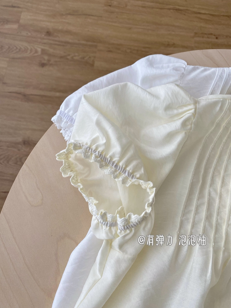 Drawstring summer lace puff sleeve pure commuting tops