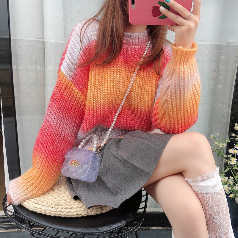 Rainbow gradient tops knitted pullover sweater