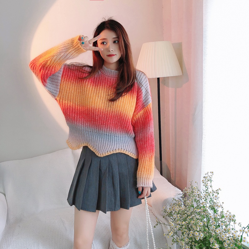 Rainbow gradient tops knitted pullover sweater