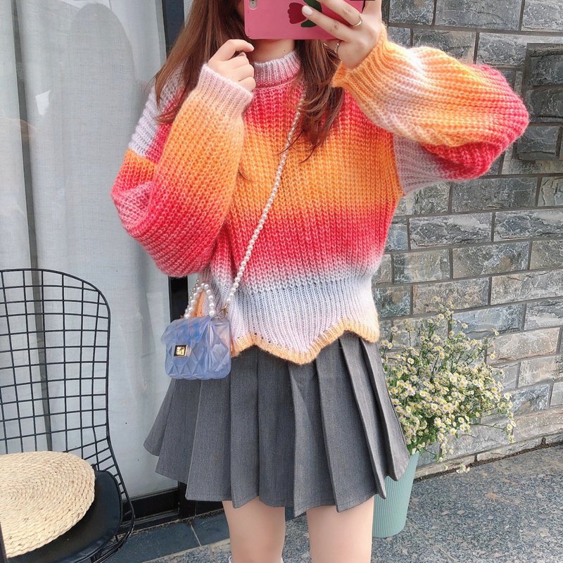 Rainbow gradient tops knitted pullover sweater