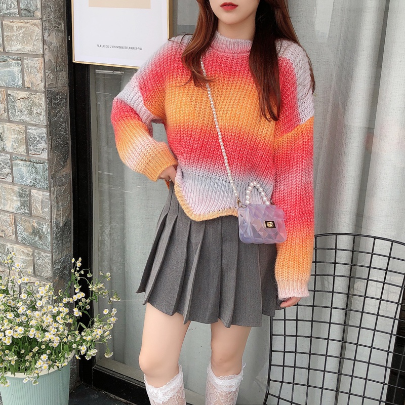 Rainbow gradient tops knitted pullover sweater