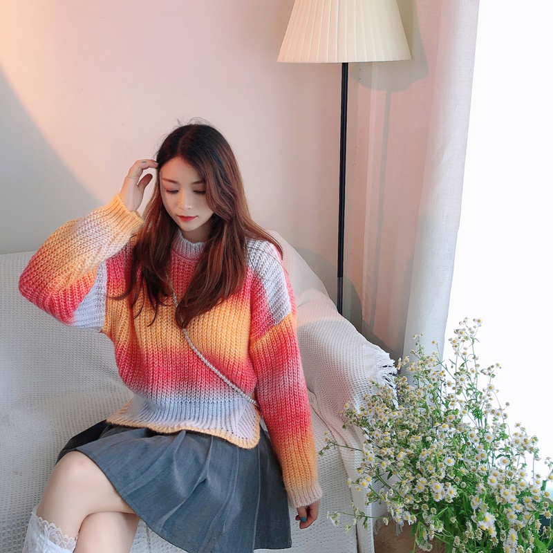 Rainbow gradient tops knitted pullover sweater