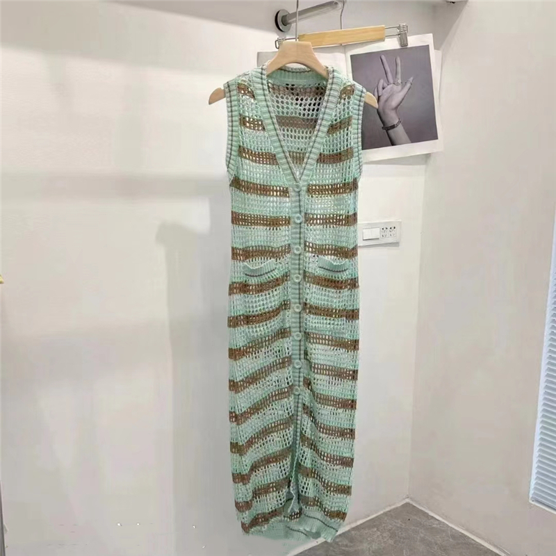 Sling seaside stripe long dress knitted vacation dress