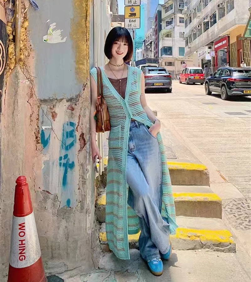 Sling seaside stripe long dress knitted vacation dress