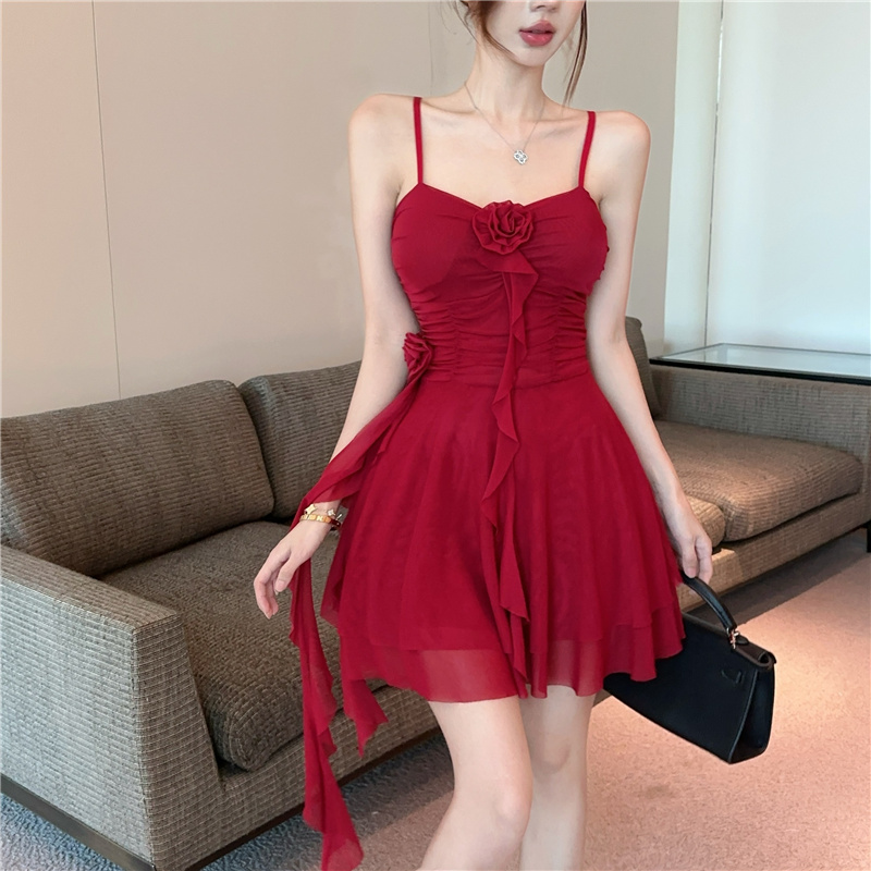 Sexy fold sling red pinched waist dress for women