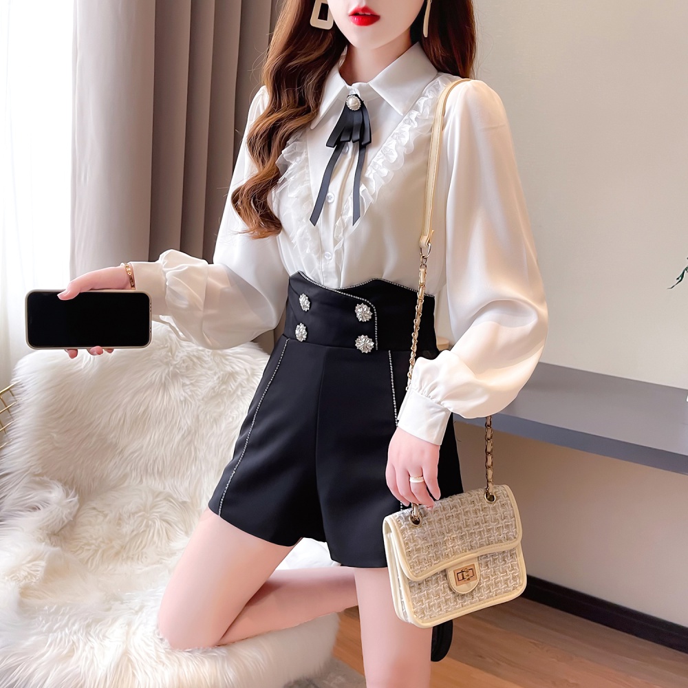 Autumn bow light wood ear splice chiffon shirt