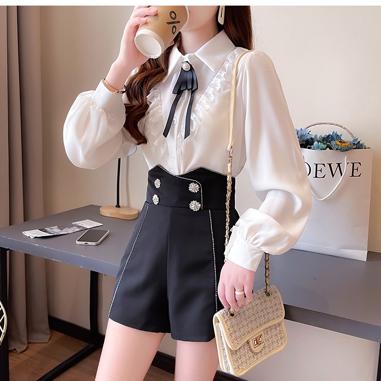 Autumn bow light wood ear splice chiffon shirt