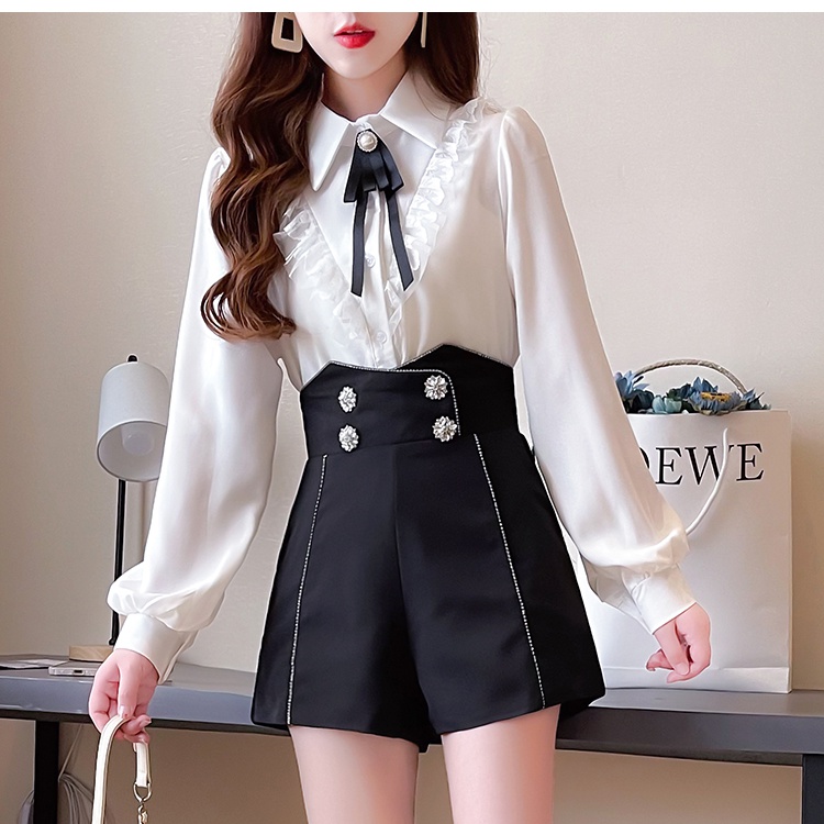 Autumn bow light wood ear splice chiffon shirt