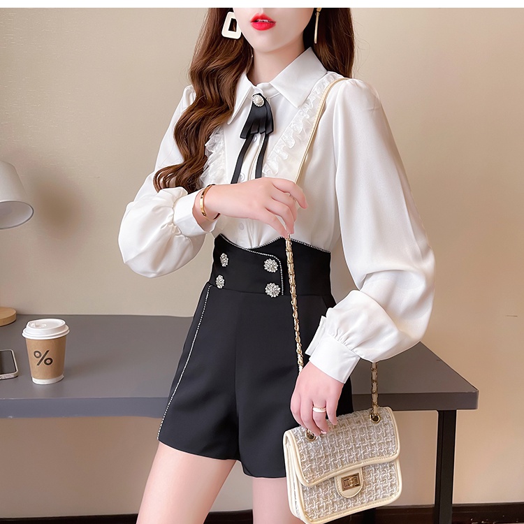 Autumn bow light wood ear splice chiffon shirt