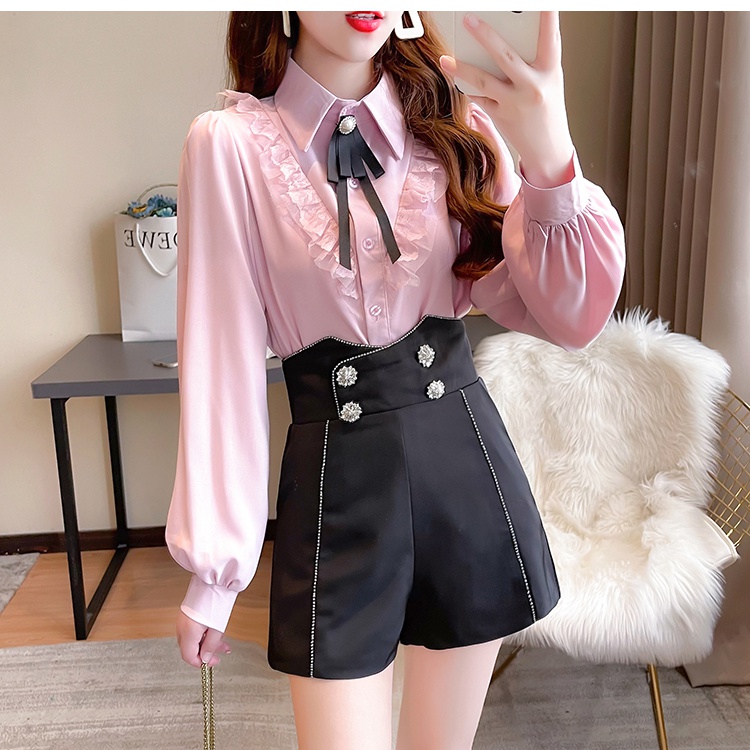 Autumn bow light wood ear splice chiffon shirt