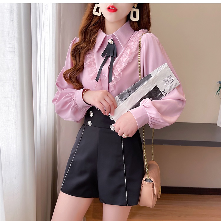 Autumn bow light wood ear splice chiffon shirt