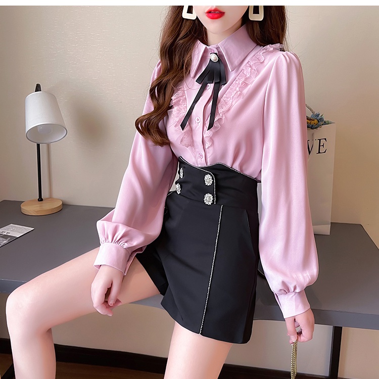 Autumn bow light wood ear splice chiffon shirt