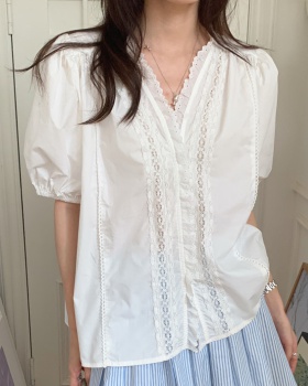 V-neck Korean style lace France style splice retro shirt