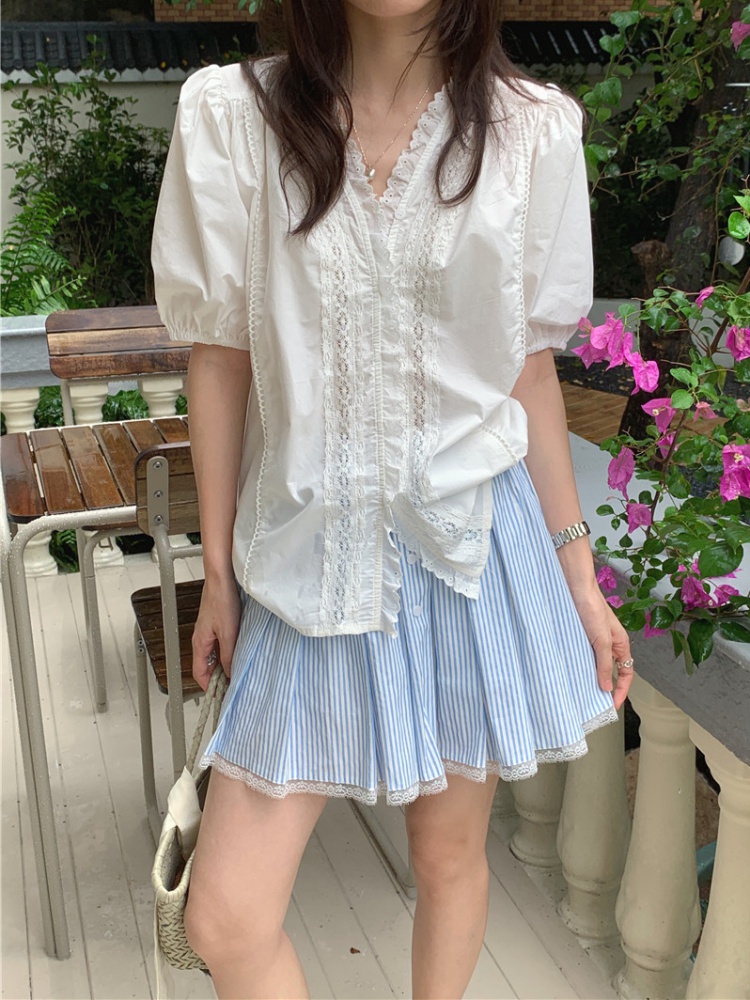 V-neck Korean style lace France style splice retro shirt