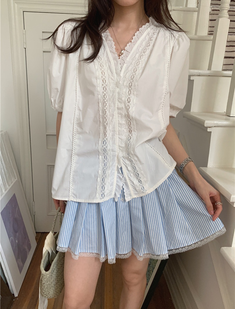 V-neck Korean style lace France style splice retro shirt