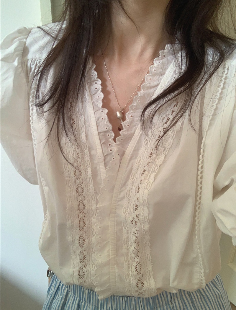 V-neck Korean style lace France style splice retro shirt