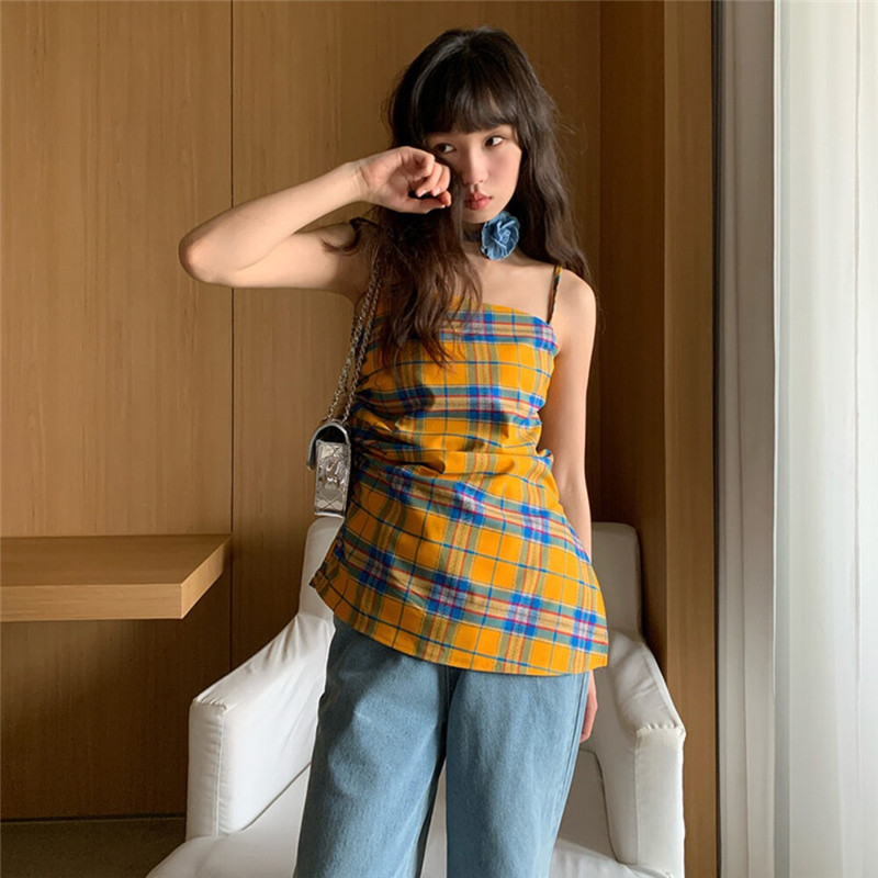 Sling wears outside plaid vest pinched waist summer tops