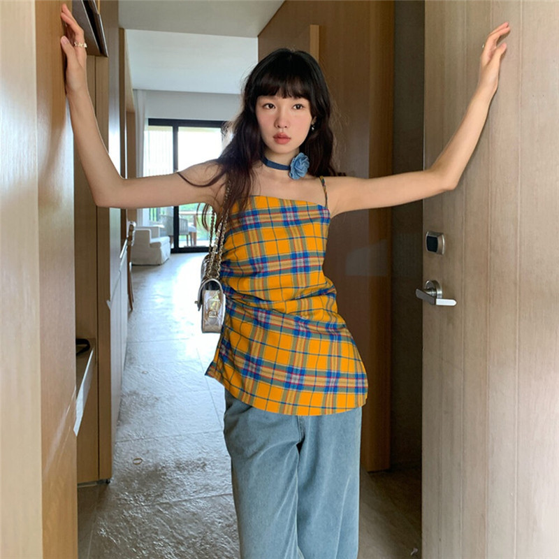 Sling wears outside plaid vest pinched waist summer tops