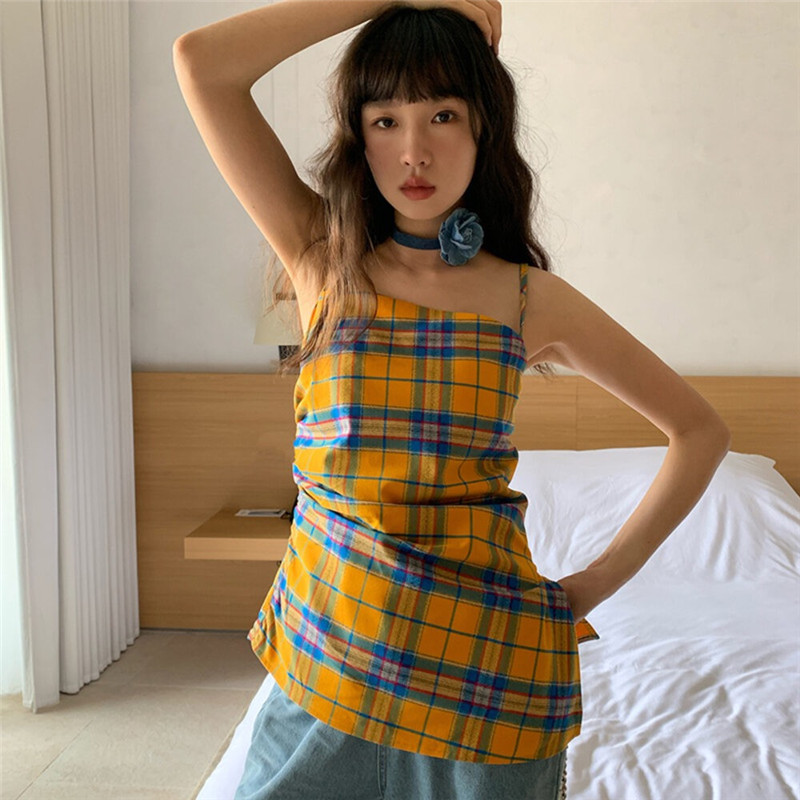 Sling wears outside plaid vest pinched waist summer tops