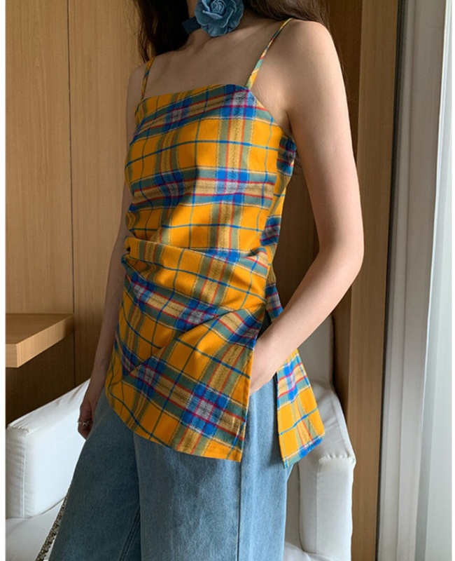 Sling wears outside plaid vest pinched waist summer tops