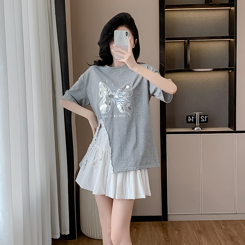 Summer wood ear short skirt A-line split T-shirt a set for women