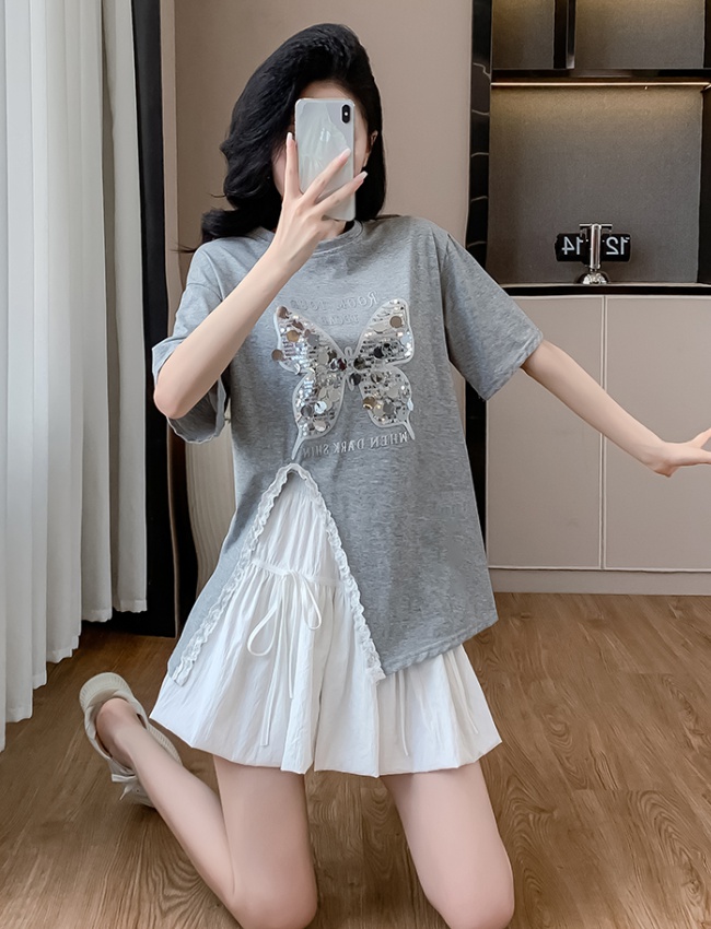 Summer wood ear short skirt A-line split T-shirt a set for women