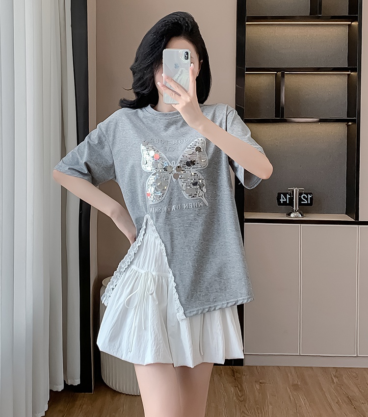 Summer wood ear short skirt A-line split T-shirt a set for women