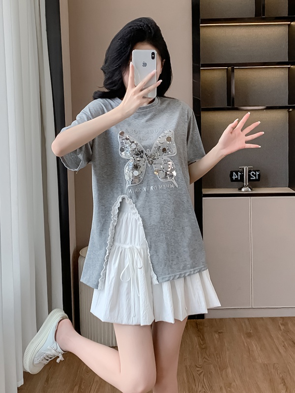 Summer wood ear short skirt A-line split T-shirt a set for women