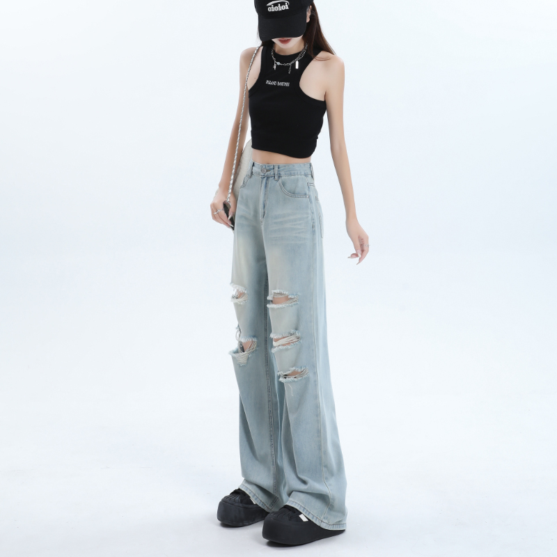 Summer straight wide leg pants thin jeans for women