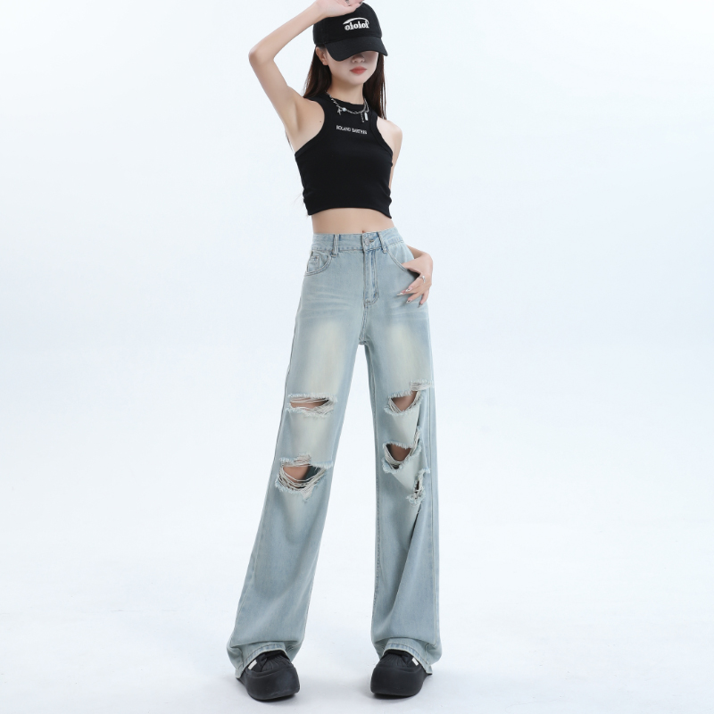 Summer straight wide leg pants thin jeans for women