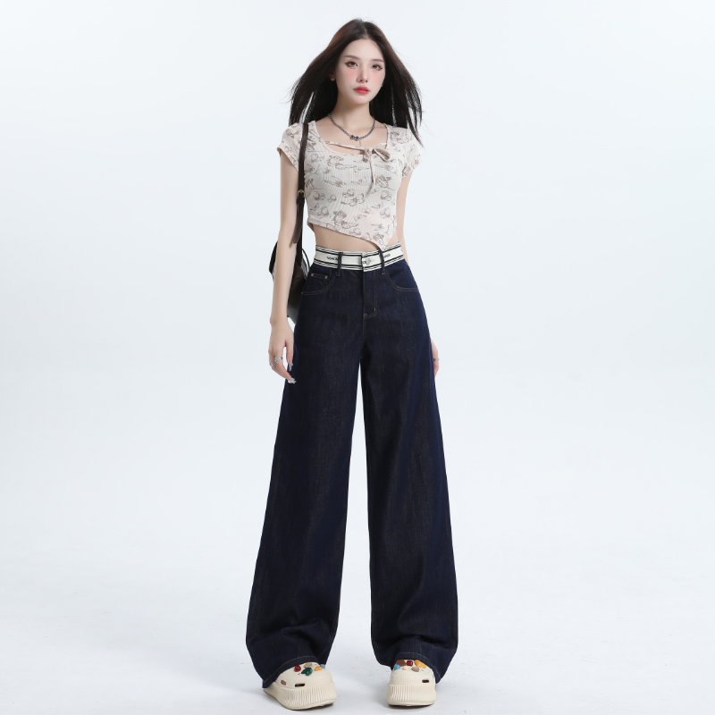 Thin drape splice jeans white letters waistband pants