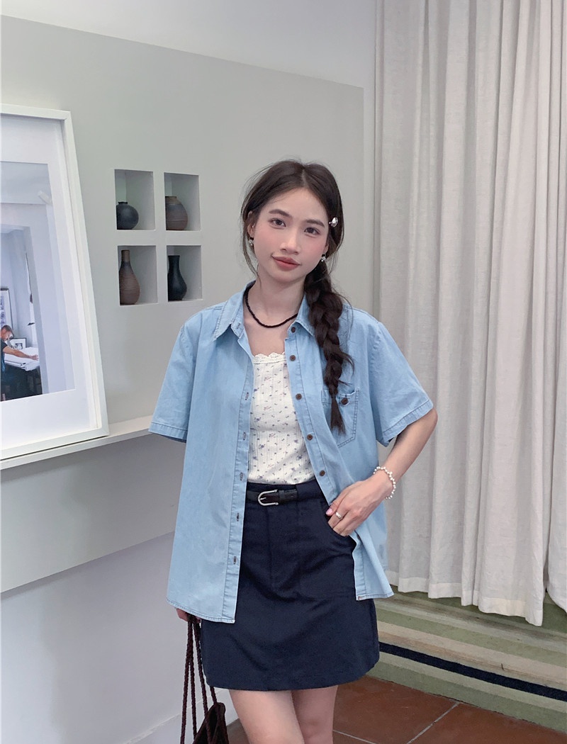 All-match washed denim simple short sleeve Korean style shirt