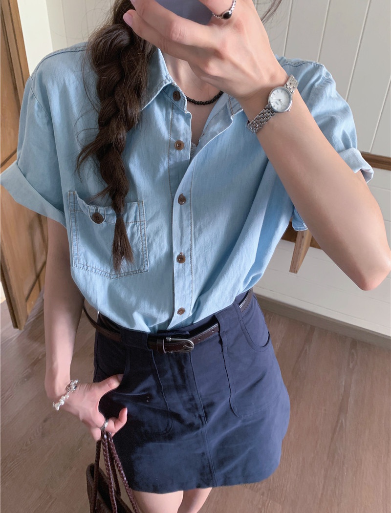 All-match washed denim simple short sleeve Korean style shirt