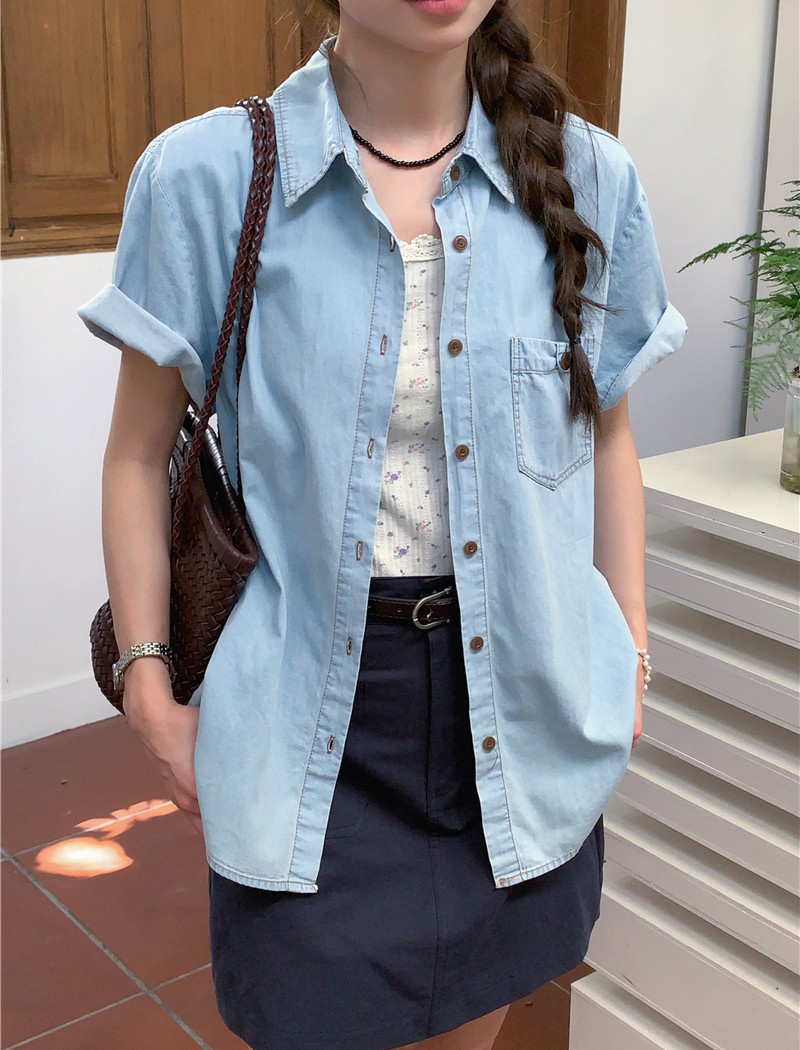 All-match washed denim simple short sleeve Korean style shirt