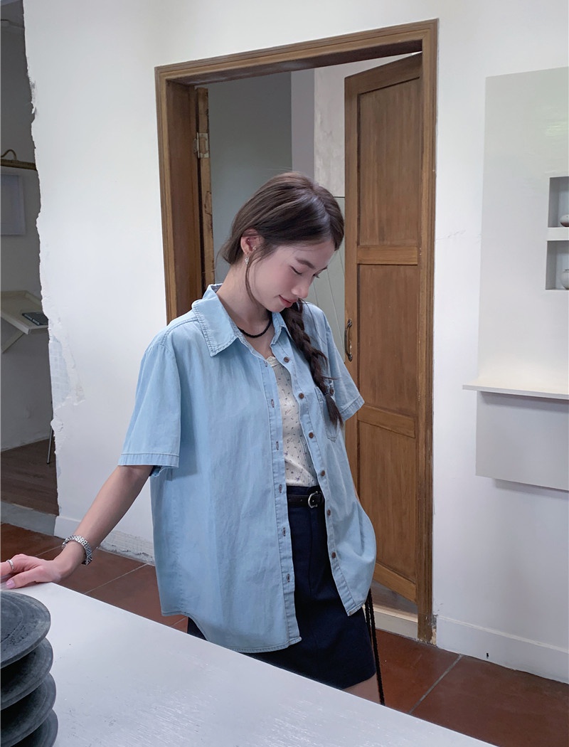 All-match washed denim simple short sleeve Korean style shirt