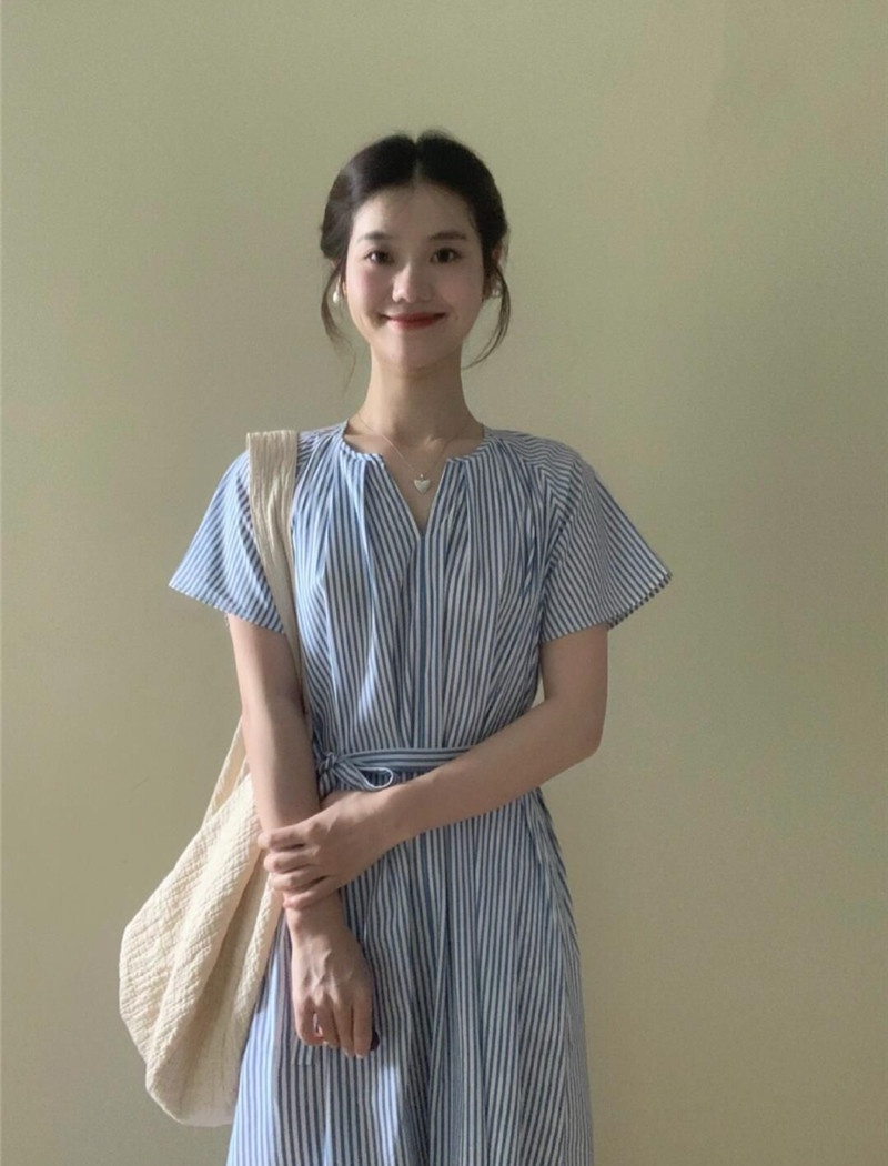 Refreshing blue loose shirt frenum stripe long dress