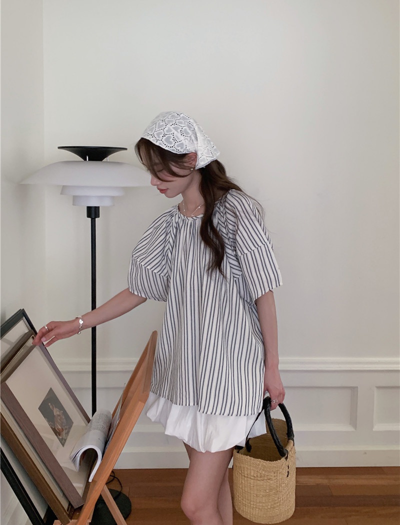 Pullover short sleeve Korean style stripe loose shirt